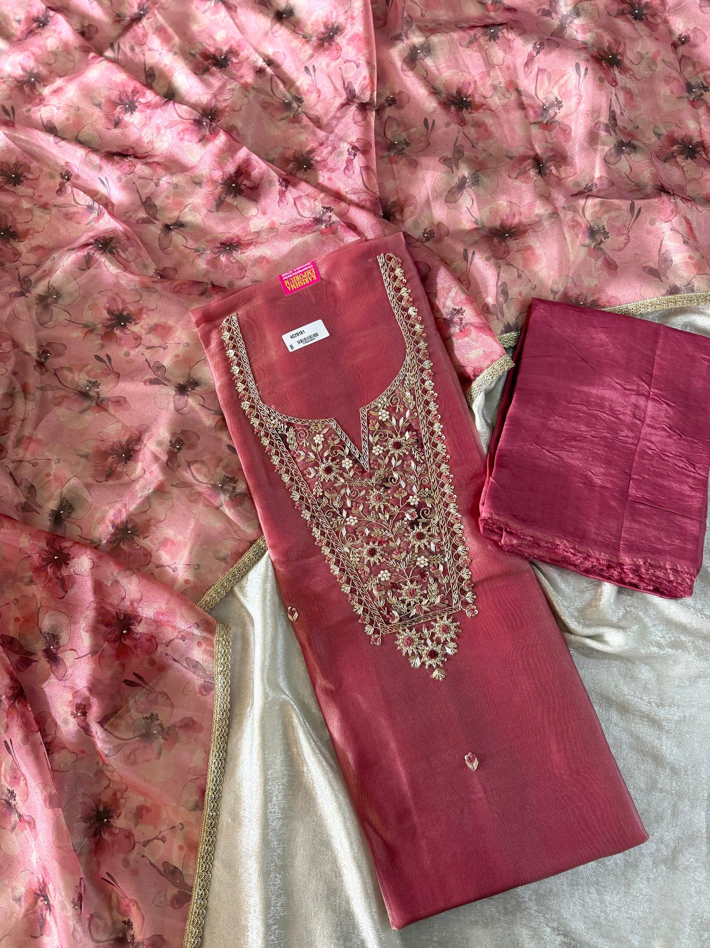 ZARDOZI NECK SUITS IN ITALIAN TISSUE FABRIC