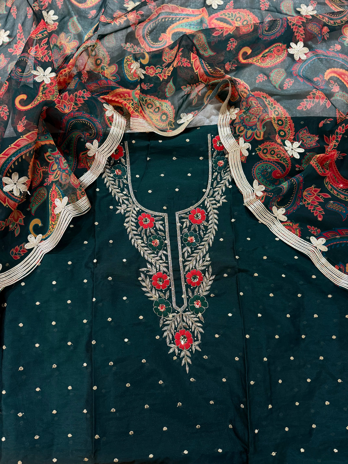 BOTTLE GREEN ZARDOZI NECK SUIT