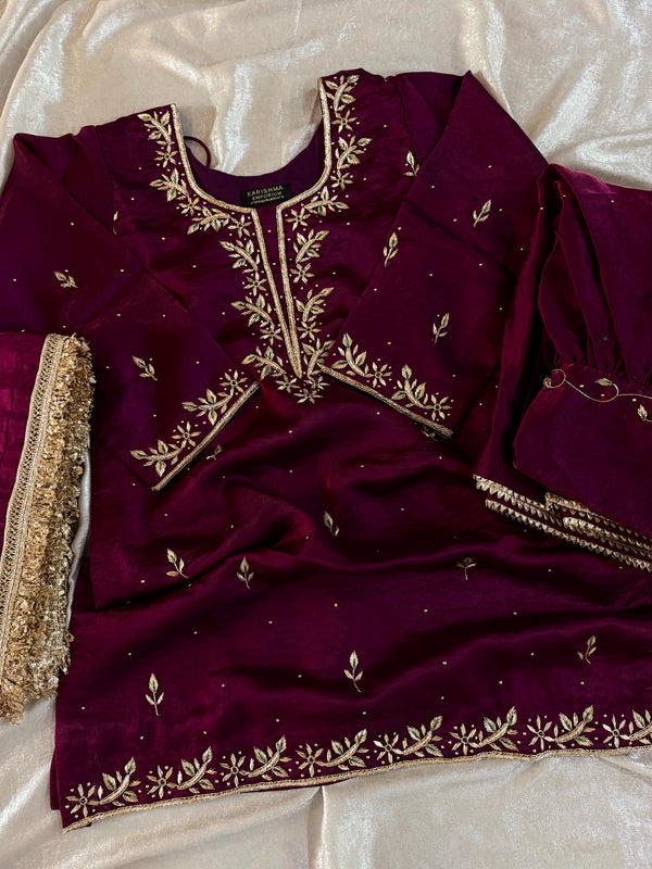 Beautiful dabka gharara in wine colour | | Karishma Emporium | Elegance in Making Pure Zardozi Women wear