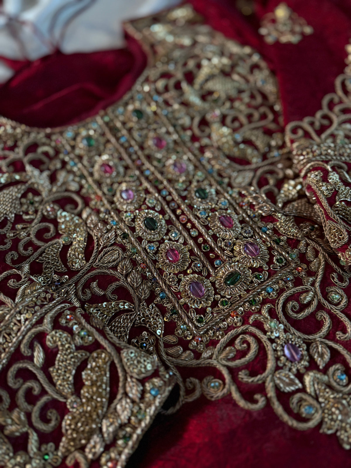 BEAUTIFUL ANTIQUE ZARDOZI GHARARA IN CRUSH SHIMAR FABRIC