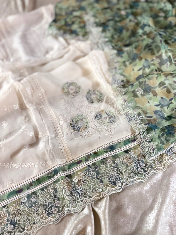 BEAUTIFUL OFF WHITE SUIT IN CONTRAST | | Karishma Emporium | Elegance in Making Pure Zardozi Women wear