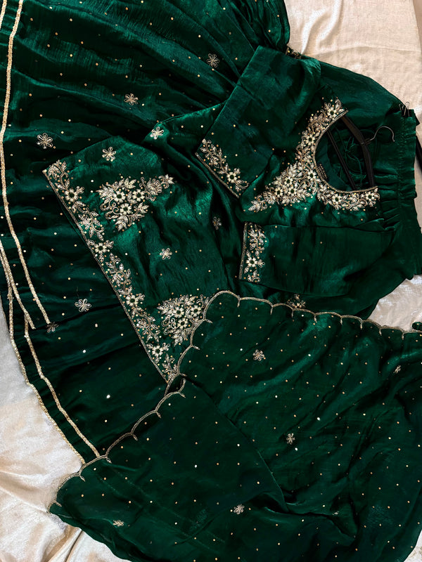 BOTTLE GREEN GHARARA | | Karishma Emporium | Elegance in Making Pure Zardozi Women wear