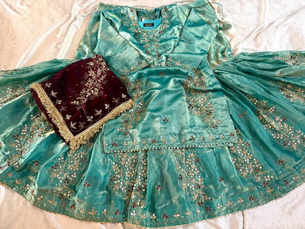 BEAUTIFUL HANDWORK GHARARA IN CONTRAST | | Karishma Emporium | Elegance in Making Pure Zardozi Women wear