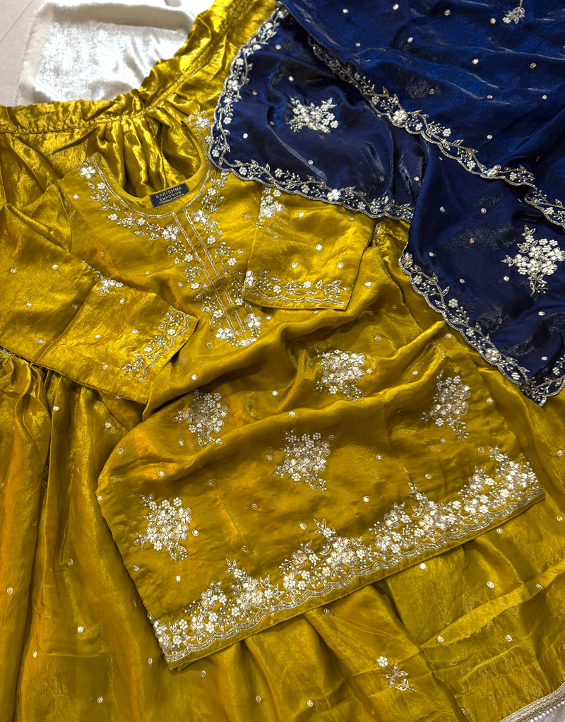 Beautiful dabka gharara in contrast dupatta |  | Karishma Emporium | Elegance in Making Pure Zardozi Women wear
