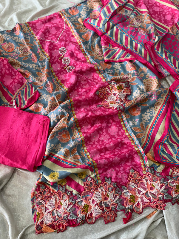 Magenta pink suit on Musline fabric |  | Karishma Emporium | Elegance in Making Pure Zardozi Women wear