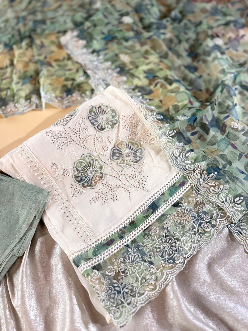 BEAUTIFUL OFF WHITE SUIT IN CONTRAST |  | Karishma Emporium | Elegance in Making Pure Zardozi Women wear