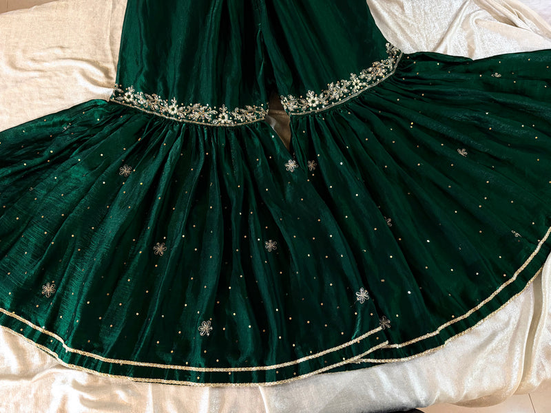 BOTTLE GREEN GHARARA |  | Karishma Emporium | Elegance in Making Pure Zardozi Women wear