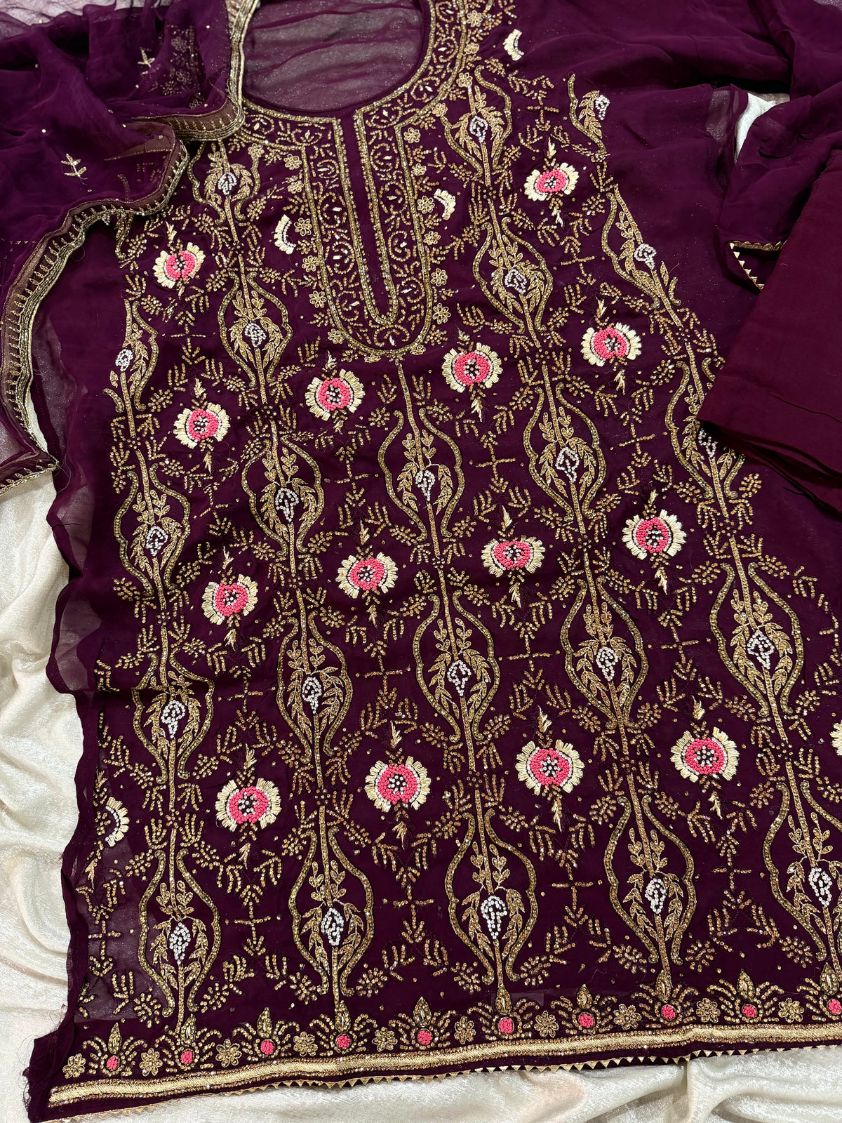 WINE COLOUR JERKEN WORK SUIT ON PURE GEORGETTE