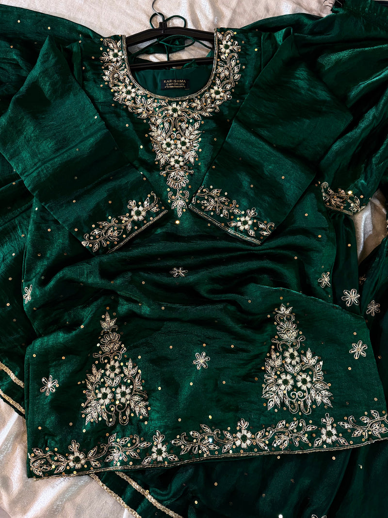 BOTTLE GREEN GHARARA |  | Karishma Emporium | Elegance in Making Pure Zardozi Women wear