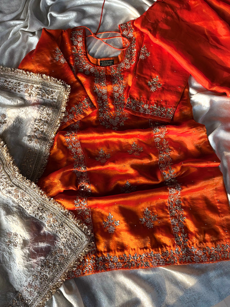 ORANGA DABKA WORK GHARARA |  | Karishma Emporium | Elegance in Making Pure Zardozi Women wear