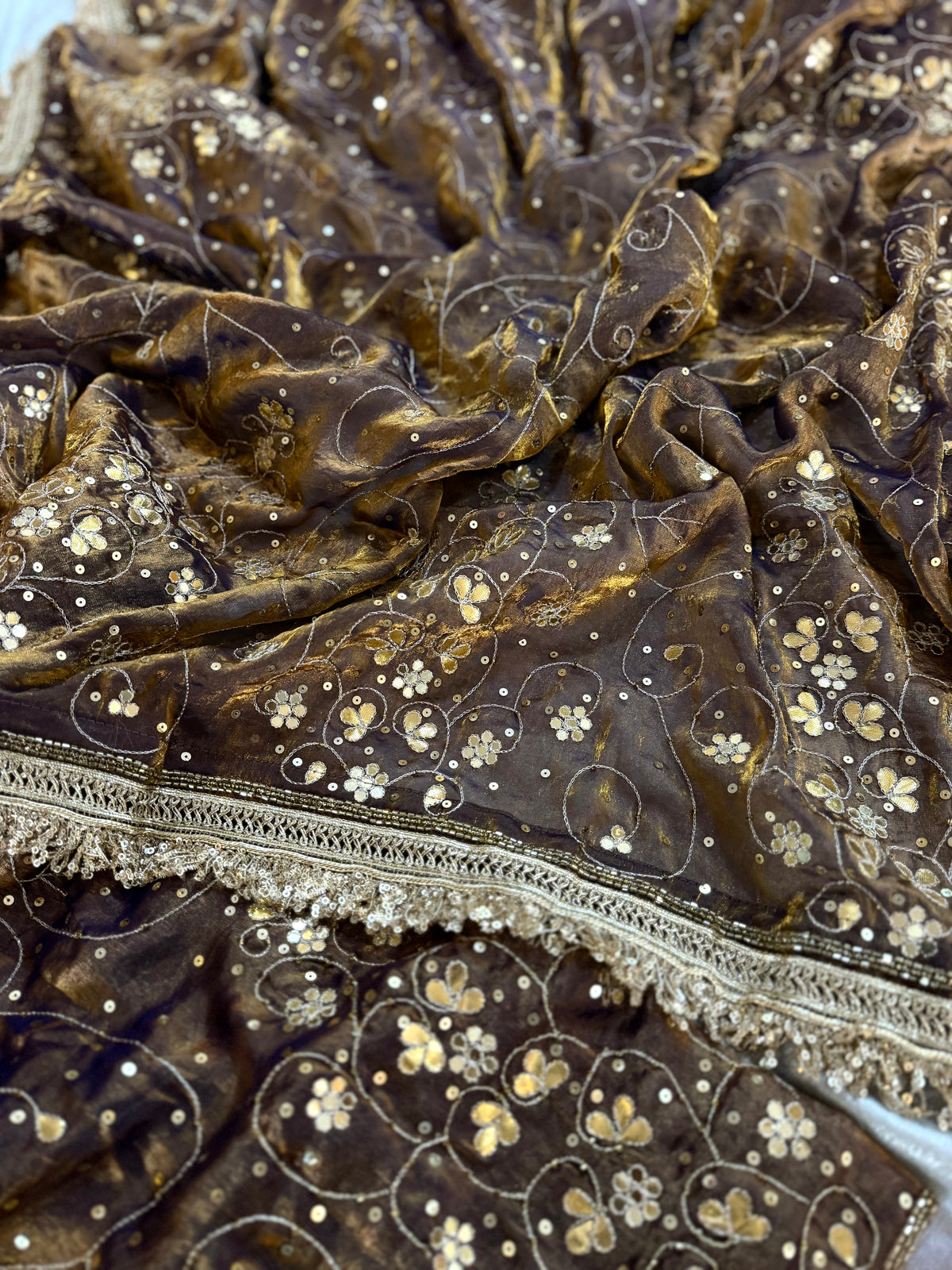 PURE HANDWORK DRESS IN GOLD BROWN COLOUR WITH SKIRT