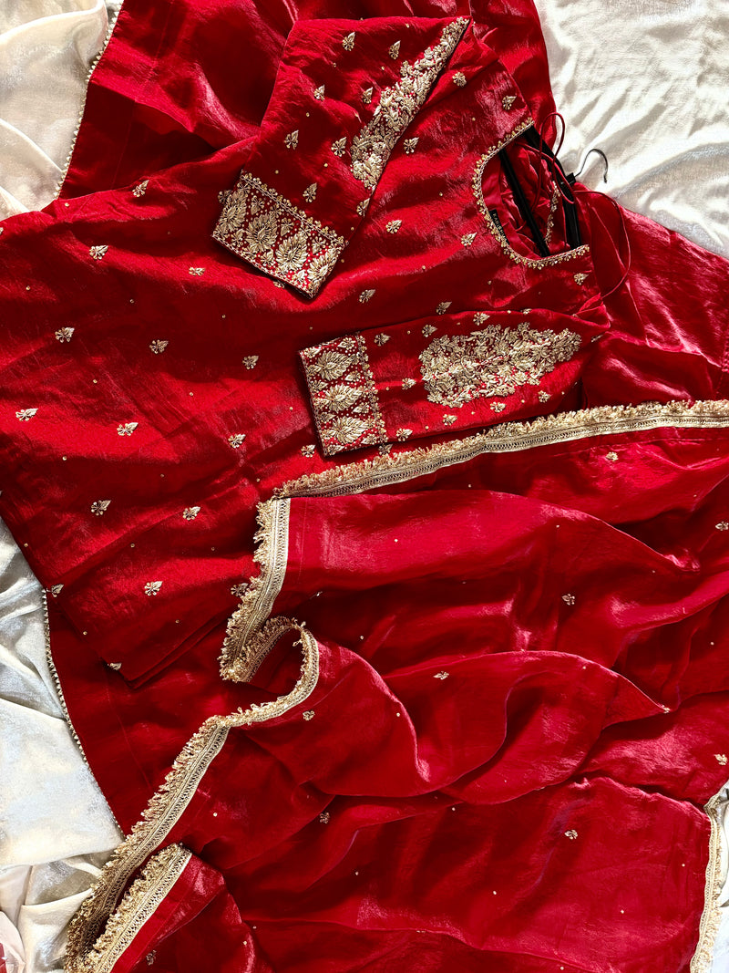 ANTIQUE ZARDOZI GHARARA IN CHERRY COLOUR (BEST DEAL TODAY) |  | Karishma Emporium | Elegance in Making Pure Zardozi Women wear
