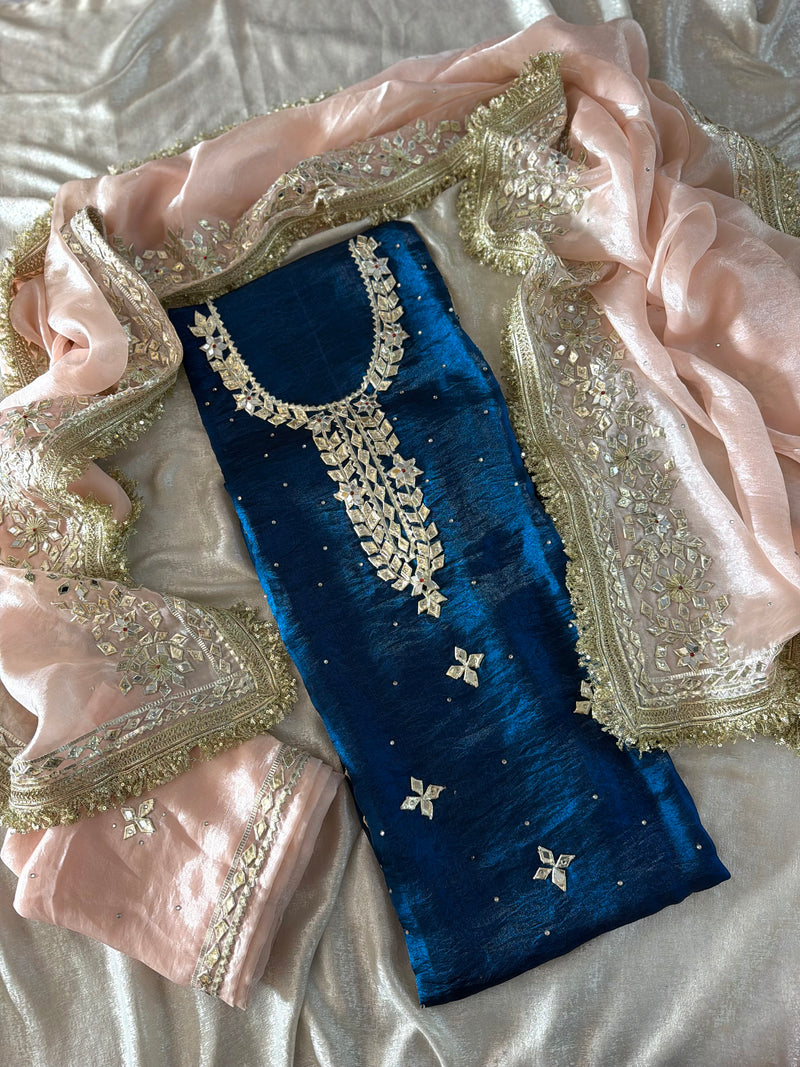 Gota Patti suit in contrast dupatta |  | Karishma Emporium | Elegance in Making Pure Zardozi Women wear