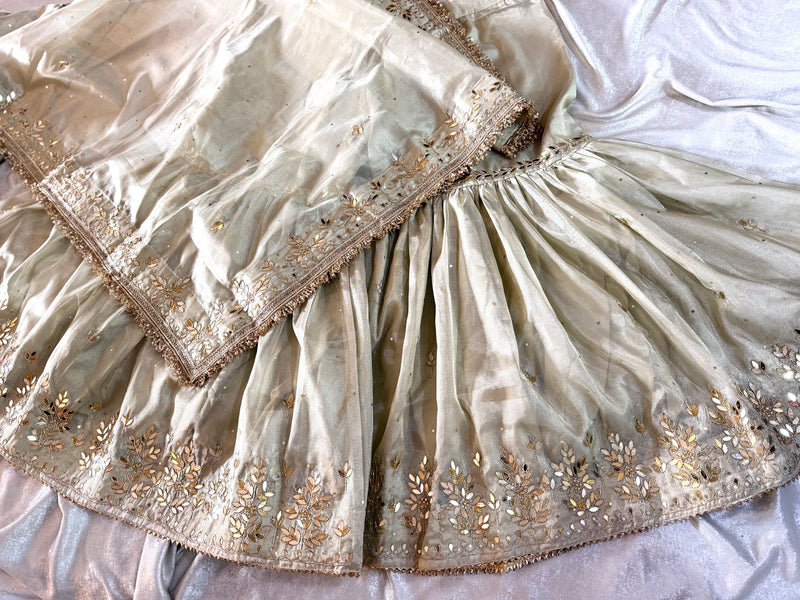 BEAUTIFUL HANDWORK GHARARA IN IVORY PISTA COLOUR |  | Karishma Emporium | Elegance in Making Pure Zardozi Women wear