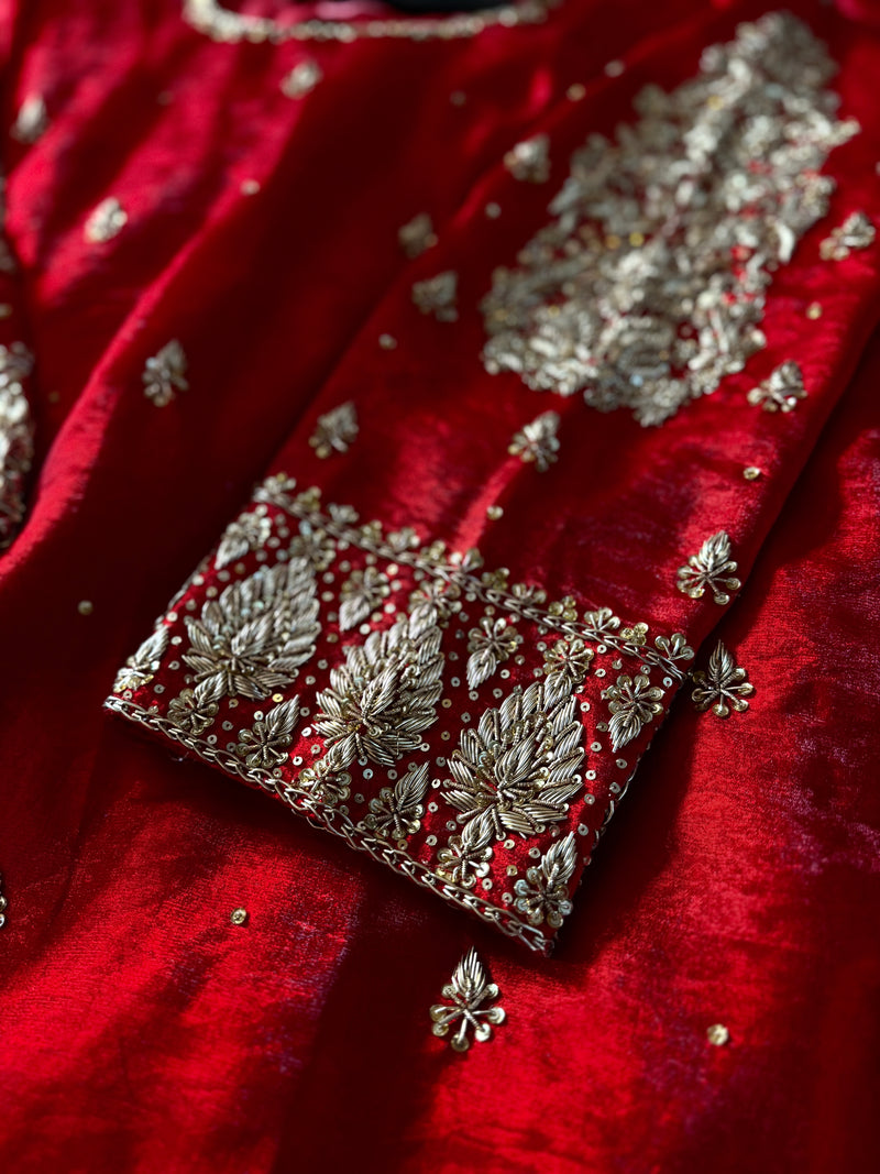 ANTIQUE ZARDOZI GHARARA IN CHERRY COLOUR (BEST DEAL TODAY) |  | Karishma Emporium | Elegance in Making Pure Zardozi Women wear