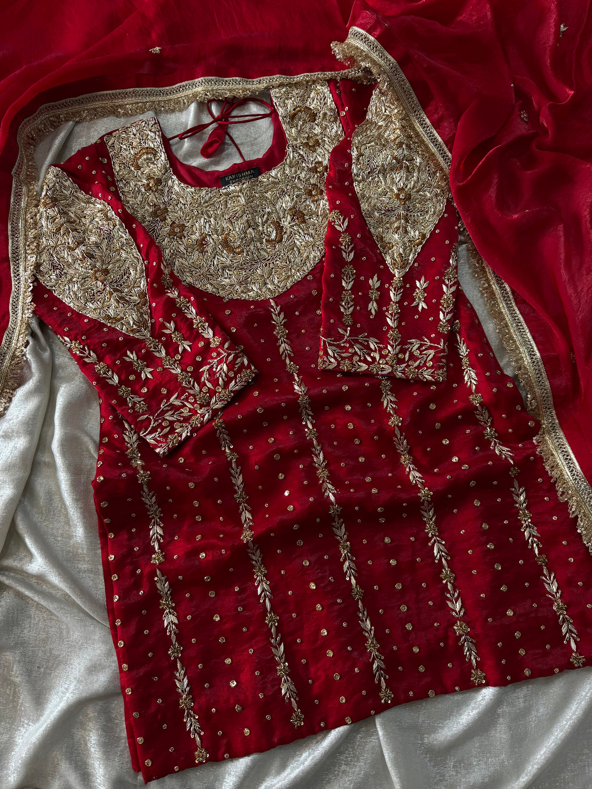 OUR PREMIUM ZARDOZI GHARARA IN CHERRY COLOUR ON ITALIAN SHIMAR FABRIC