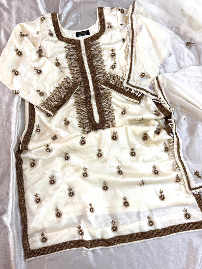 BEAUTIFUL HANDWORK OFF WHITE SHARARA SET |  | Karishma Emporium | Elegance in Making Pure Zardozi Women wear