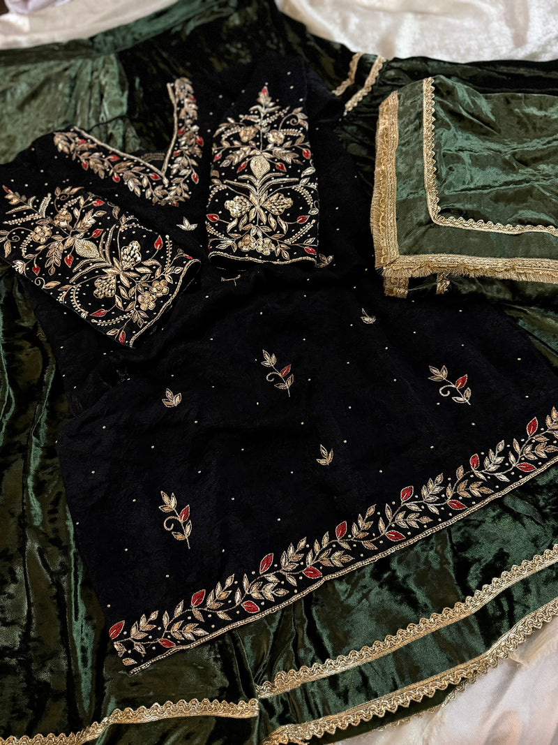 BEAUTIFUL HANDWORK IN BLACK WITH GERMAN VELVET GHARARA ND DUPATTA |  | Karishma Emporium | Elegance in Making Pure Zardozi Women wear