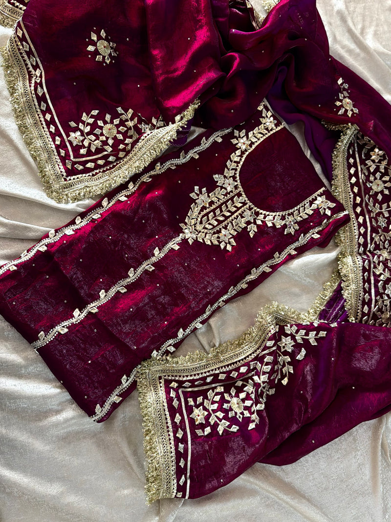 Wine colour gota suit |  | Karishma Emporium | Elegance in Making Pure Zardozi Women wear