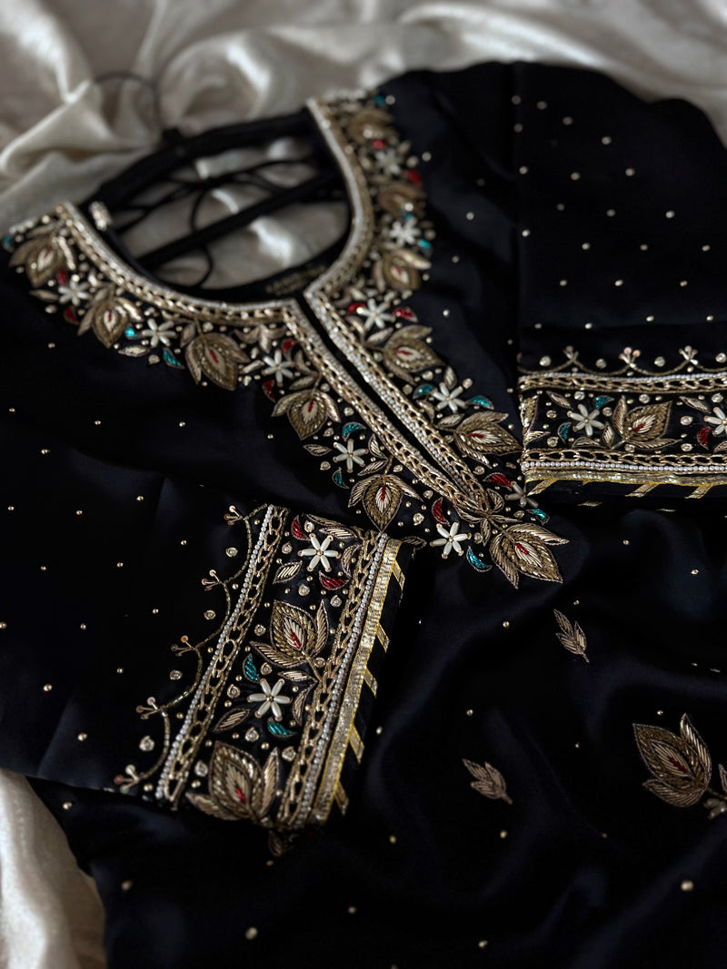 (KHUBSURAT)BLACK DABKA CHATAPATI GHARARA ON ITALIAN SHIMAR FABRIC |  | Karishma Emporium | Elegance in Making Pure Zardozi Women wear