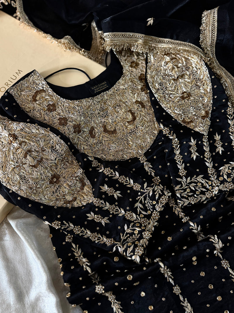 PURE ZARDOZI GHARARA ON ITALIAN SHIMAR FABRIC |  | Karishma Emporium | Elegance in Making Pure Zardozi Women wear