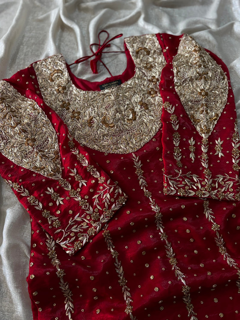 OUR PREMIUM ZARDOZI GHARARA IN CHERRY COLOUR ON ITALIAN SHIMAR FABRIC |  | Karishma Emporium | Elegance in Making Pure Zardozi Women wear