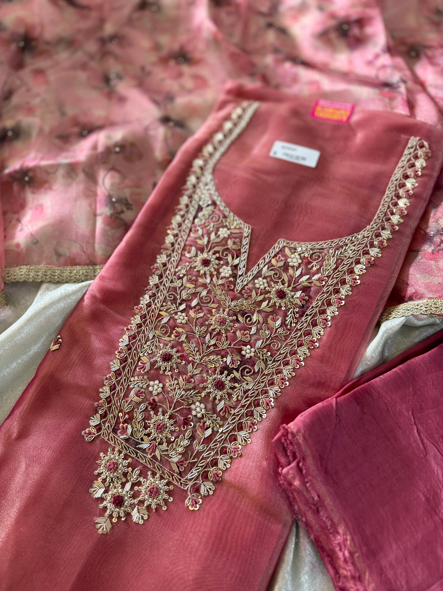 ZARDOZI NECK SUITS IN ITALIAN TISSUE FABRIC