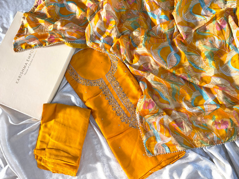 PARTYWEAR SUIT FOR HALDI |  | Karishma Emporium | Elegance in Making Pure Zardozi Women wear