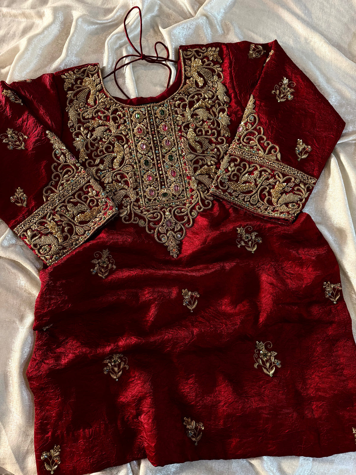 BEAUTIFUL ANTIQUE ZARDOZI GHARARA IN CRUSH SHIMAR FABRIC