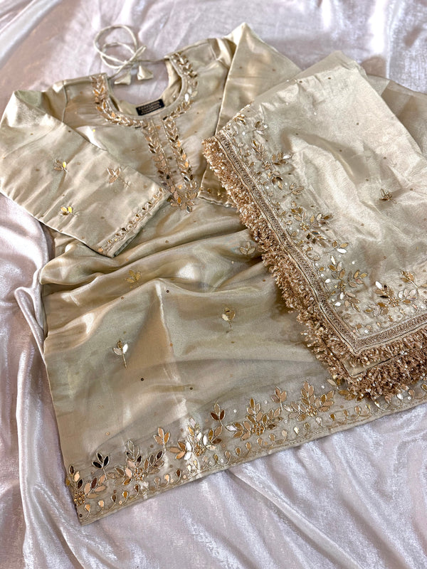 BEAUTIFUL HANDWORK GHARARA IN IVORY PISTA COLOUR |  | Karishma Emporium | Elegance in Making Pure Zardozi Women wear