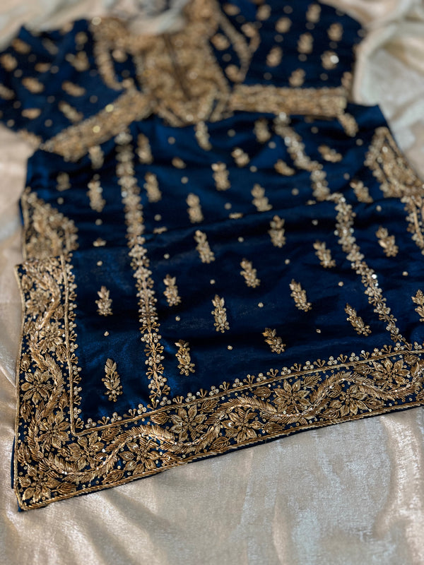 GOLD ZARDOZI GHARARA IN BLUE COLOUR ON ITALIAN SHIMAR FABRIC