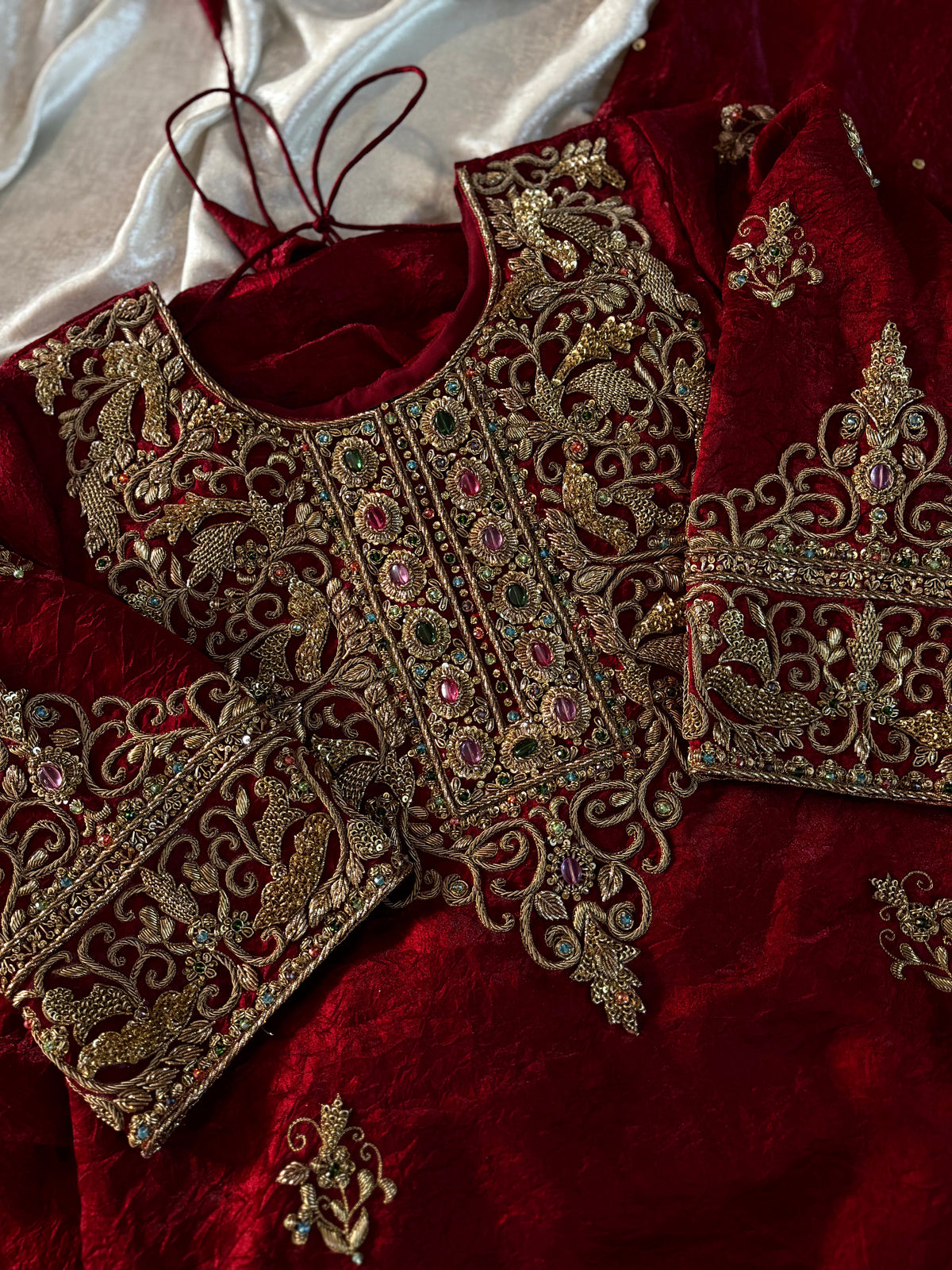 BEAUTIFUL ANTIQUE ZARDOZI GHARARA IN CRUSH SHIMAR FABRIC