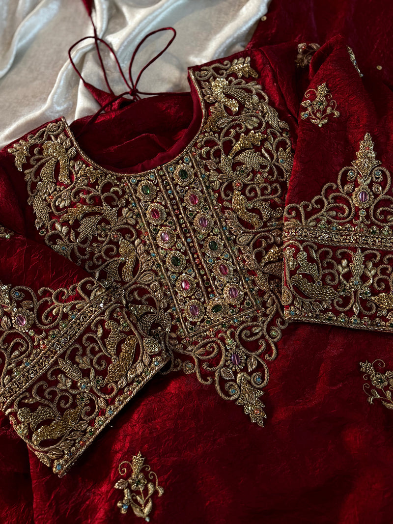 BEAUTIFUL ANTIQUE ZARDOZI GHARARA IN CRUSH SHIMAR FABRIC |  | Karishma Emporium | Elegance in Making Pure Zardozi Women wear