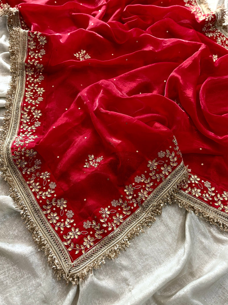RED NIKAH GHARARA IN DABKA ND KUNDAN WORK ON ITALIAN SHIMAR |  | Karishma Emporium | Elegance in Making Pure Zardozi Women wear