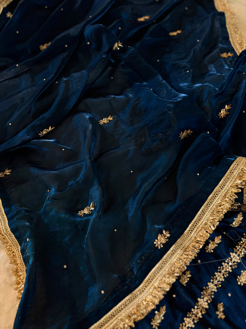 GOLD ZARDOZI GHARARA IN BLUE COLOUR ON ITALIAN SHIMAR FABRIC |  | Karishma Emporium | Elegance in Making Pure Zardozi Women wear