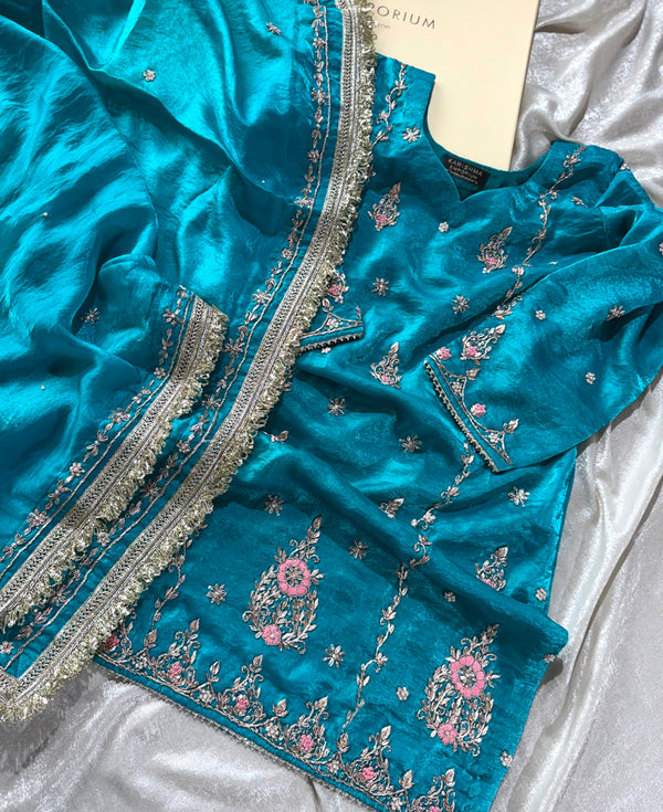 KHUBSURAT FEROZI GHARARA IN PURE DABKA WORK |  | Karishma Emporium | Elegance in Making Pure Zardozi Women wear