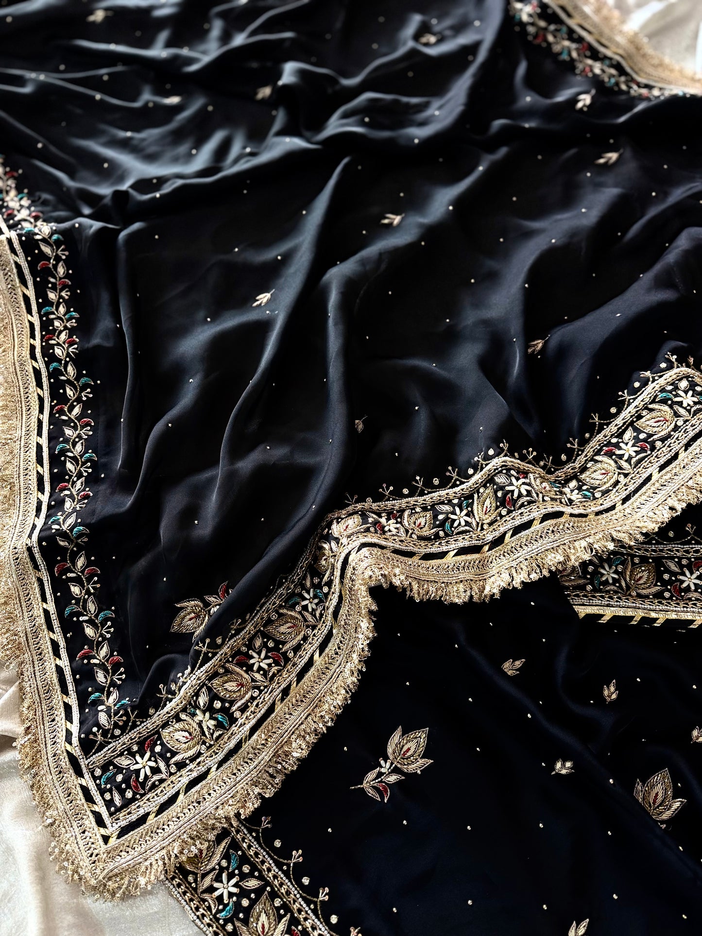 (KHUBSURAT)BLACK DABKA CHATAPATI GHARARA ON ITALIAN SHIMAR FABRIC