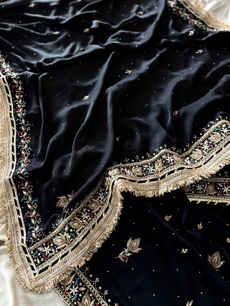 (KHUBSURAT)BLACK DABKA CHATAPATI GHARARA ON ITALIAN SHIMAR FABRIC |  | Karishma Emporium | Elegance in Making Pure Zardozi Women wear