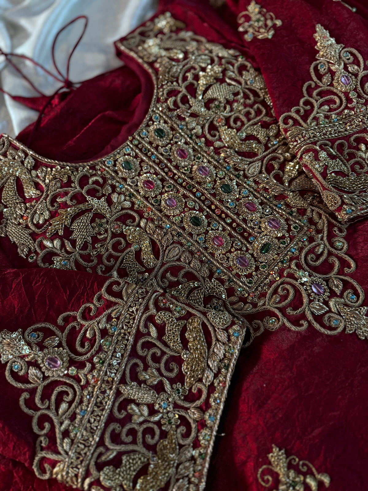 BEAUTIFUL ANTIQUE ZARDOZI GHARARA IN CRUSH SHIMAR FABRIC