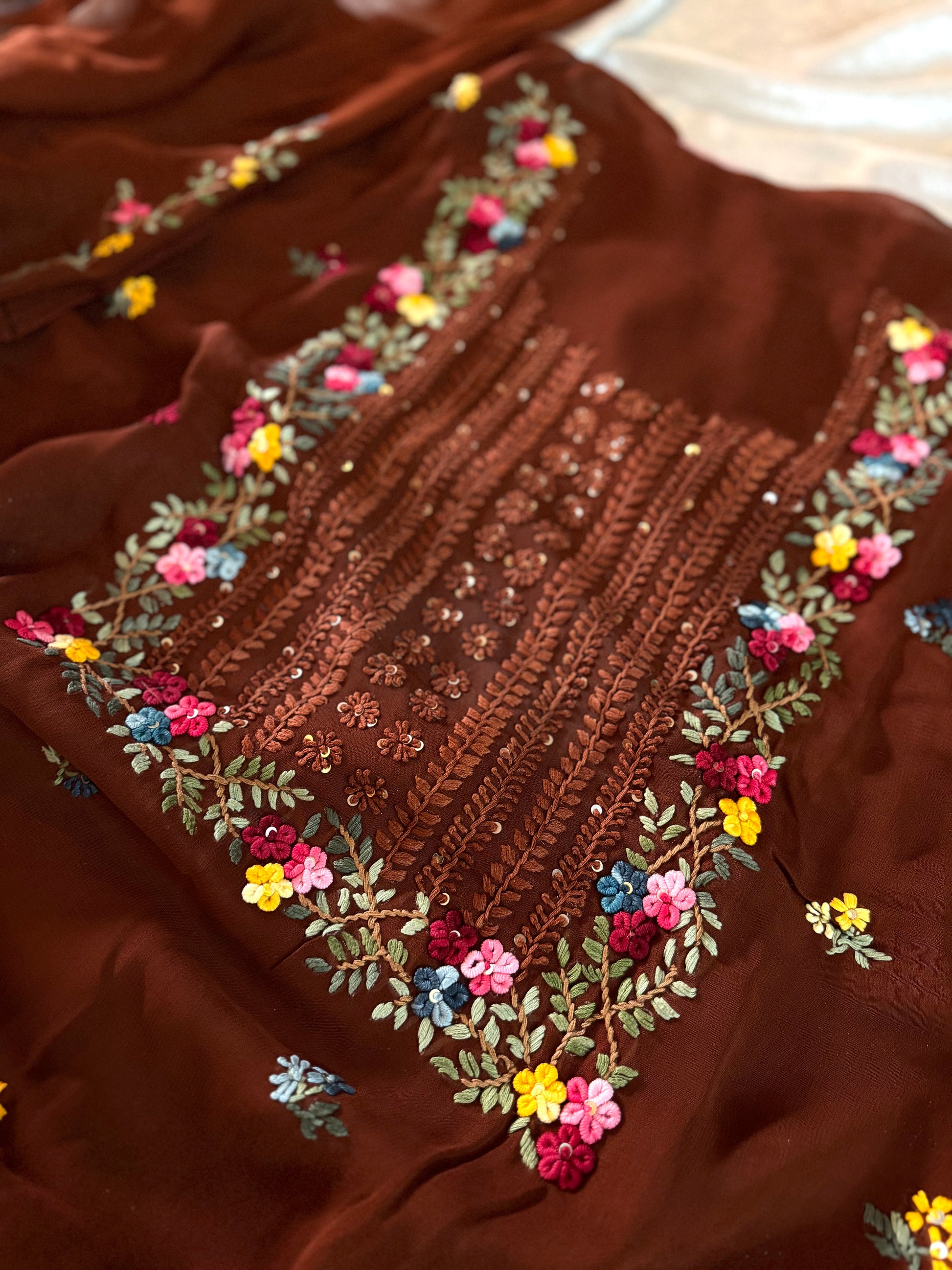 (KATHA WORK) PURE GEORGETTE FABRIC |  | Karishma Emporium | Elegance in Making Pure Zardozi Women wear
