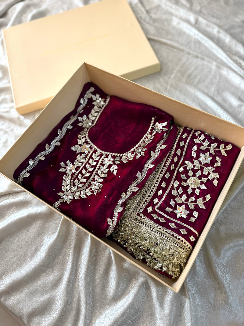 Wine colour gota suit |  | Karishma Emporium | Elegance in Making Pure Zardozi Women wear