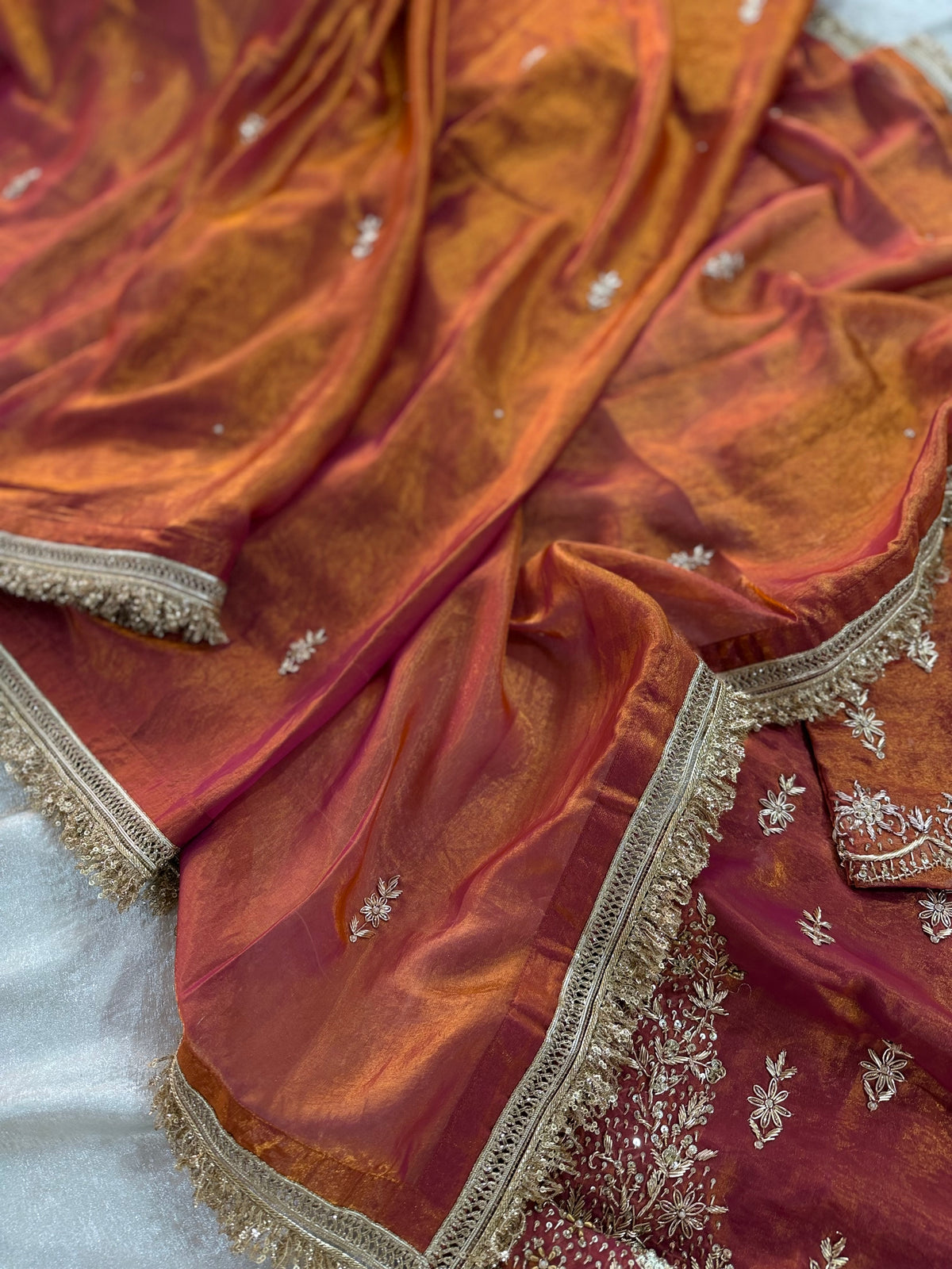 BEAUTIFUL RUST SHARARA IN ZARDOZI WORK