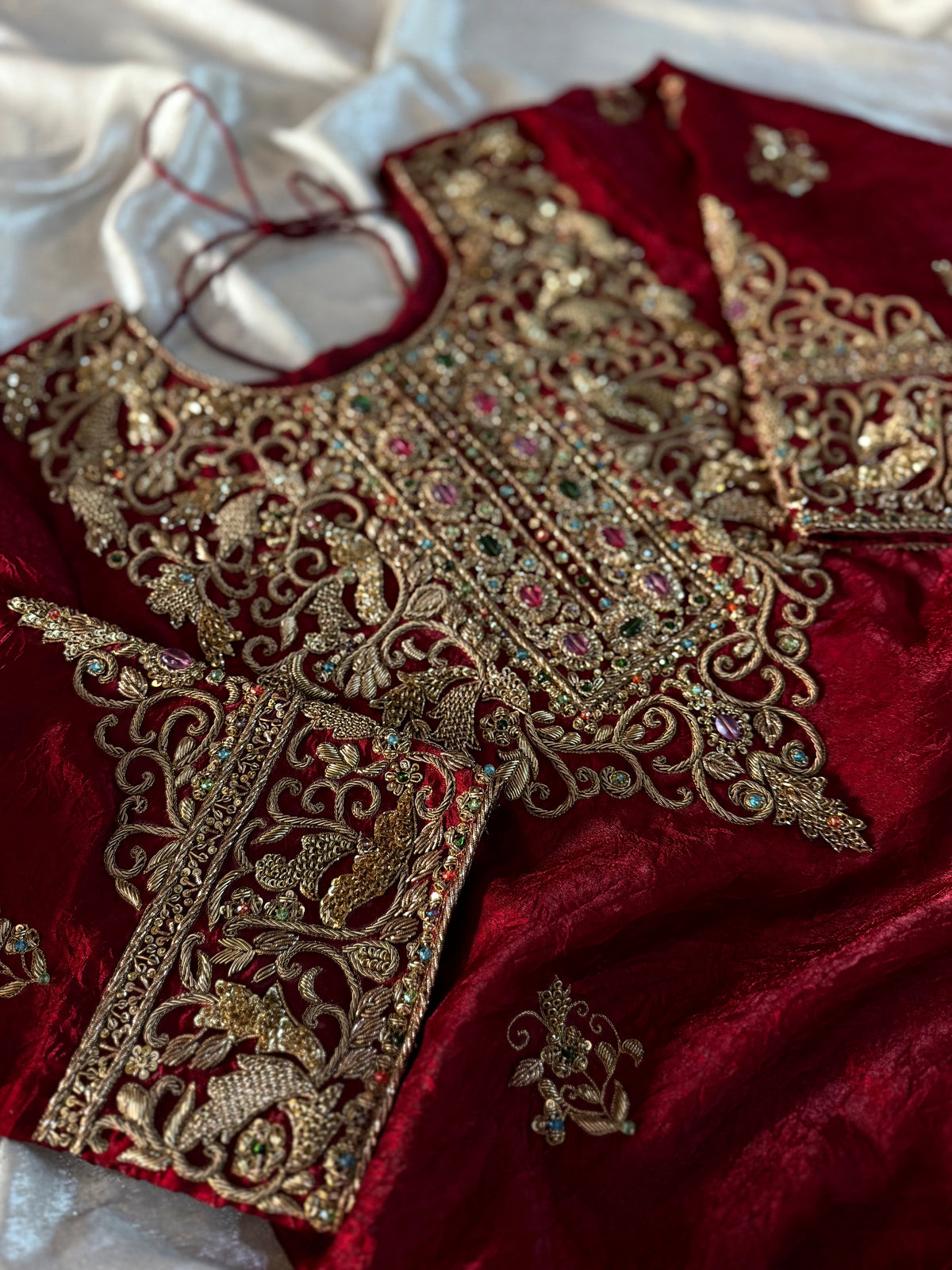 BEAUTIFUL ANTIQUE ZARDOZI GHARARA IN CRUSH SHIMAR FABRIC