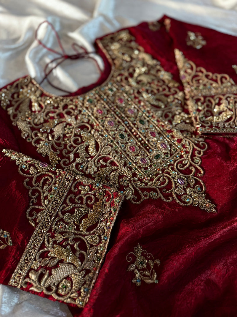 BEAUTIFUL ANTIQUE ZARDOZI GHARARA IN CRUSH SHIMAR FABRIC |  | Karishma Emporium | Elegance in Making Pure Zardozi Women wear