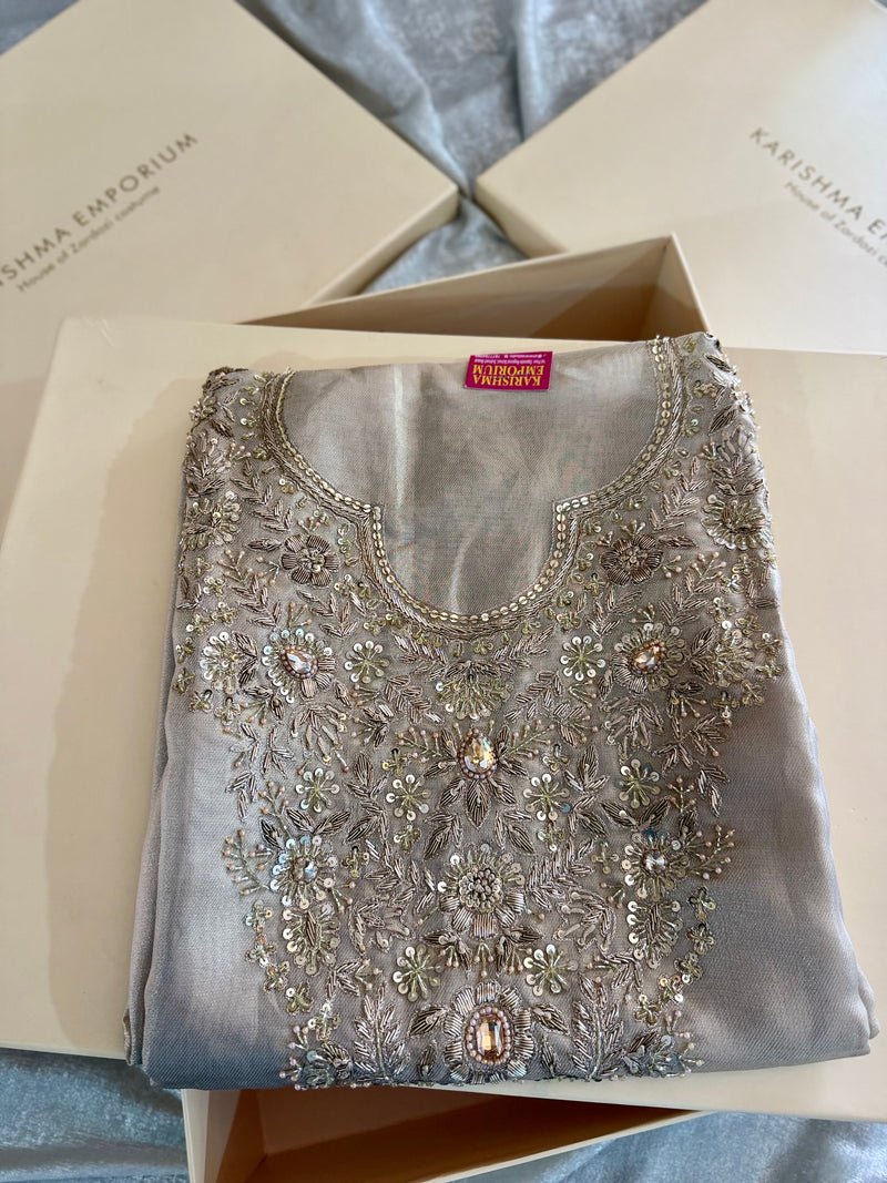 (THE BEST WE HAVE GOT) BEAUTIFUL ZARDOZI NECK SUIT |  | Karishma Emporium | Elegance in Making Pure Zardozi Women wear