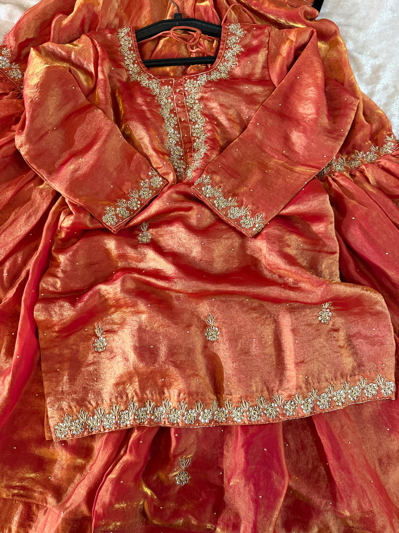RUST GHARARA IN DABKA WORK |  | Karishma Emporium | Elegance in Making Pure Zardozi Women wear