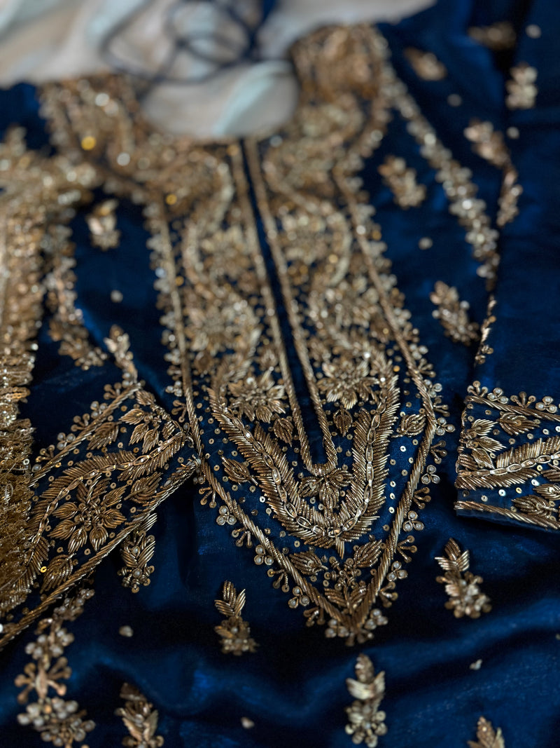 GOLD ZARDOZI GHARARA IN BLUE COLOUR ON ITALIAN SHIMAR FABRIC |  | Karishma Emporium | Elegance in Making Pure Zardozi Women wear