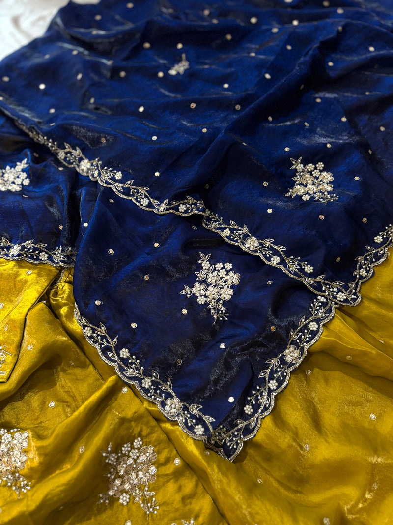 Beautiful dabka gharara in contrast dupatta |  | Karishma Emporium | Elegance in Making Pure Zardozi Women wear