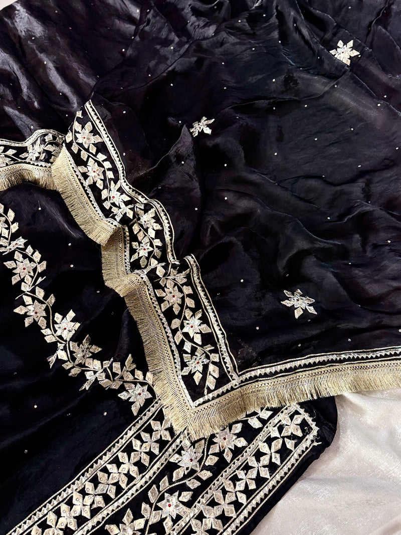 BLACK GOTA PATTI SUIT ON ITALIAN SHIMAR FABRIC |  | Karishma Emporium | Elegance in Making Pure Zardozi Women wear