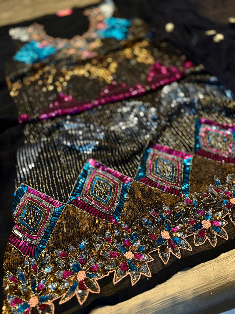 ANTIQUE BLACK SUIT IN GEORGETTE |  | Karishma Emporium | Elegance in Making Pure Zardozi Women wear